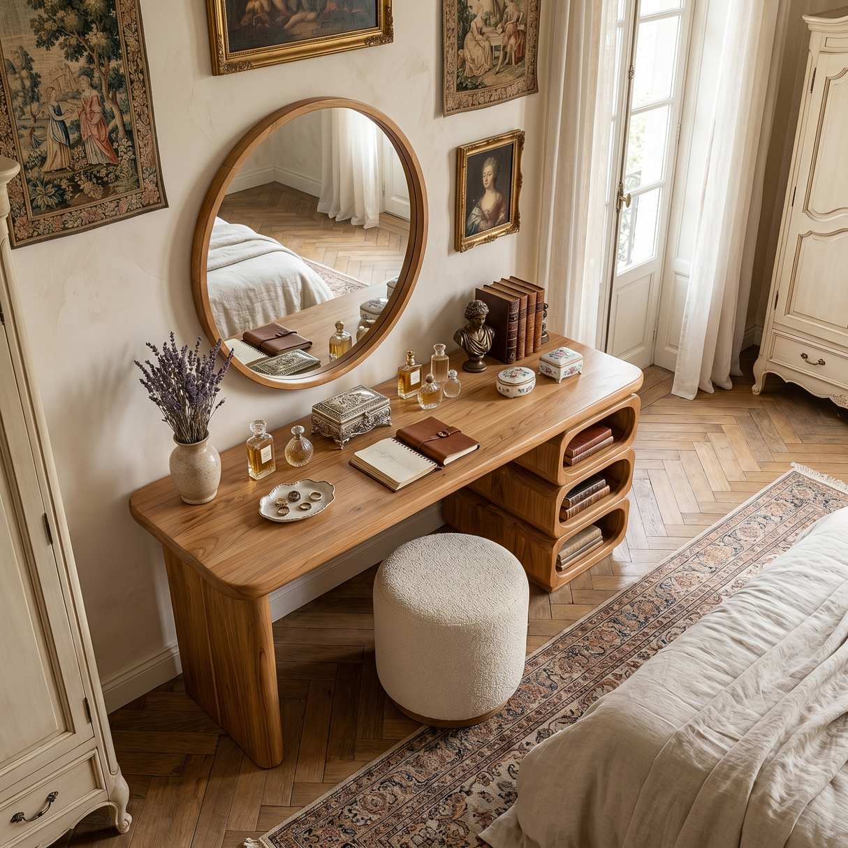 Solid Wood Vanity Table with Rounded Open Shelf Storage and Panel Leg