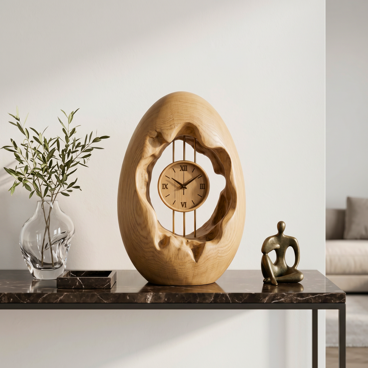 Solid Wood Oval Table Clock with Hollow Sculptural Frame