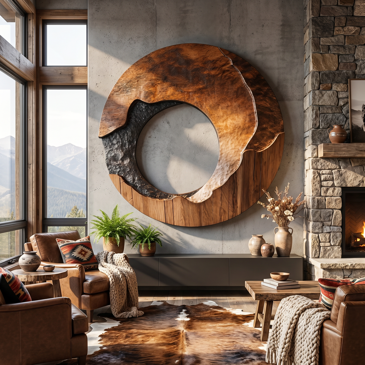 Large Solid Wood Wall Sculpture with Organic Open Center and Charred Texture Accent