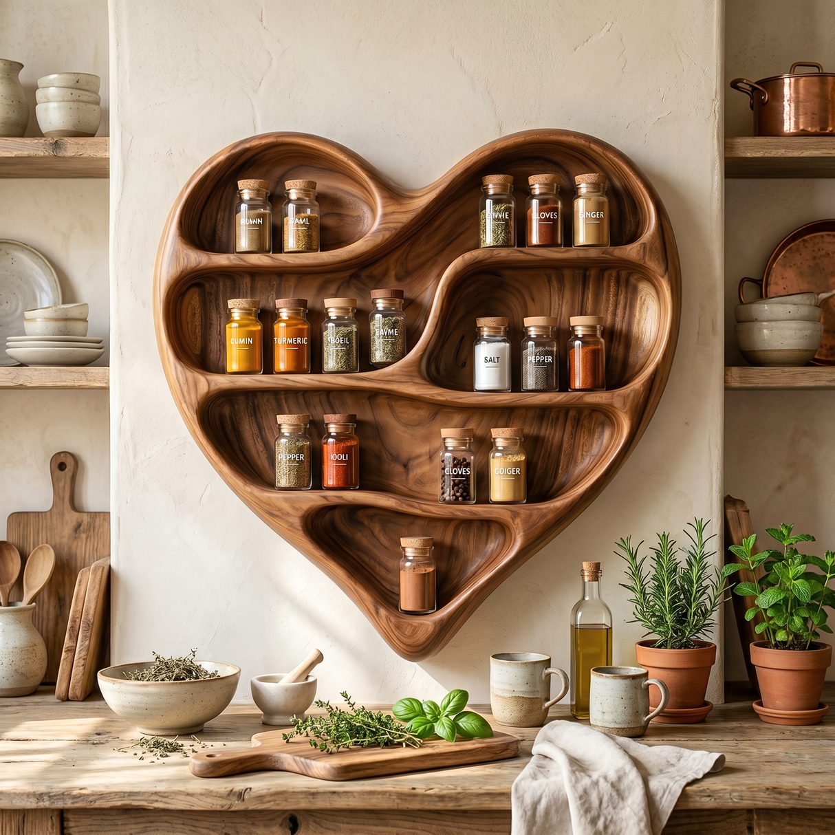 Solid Wood Heart Spice Rack with Organic Multi-Level Open Shelves