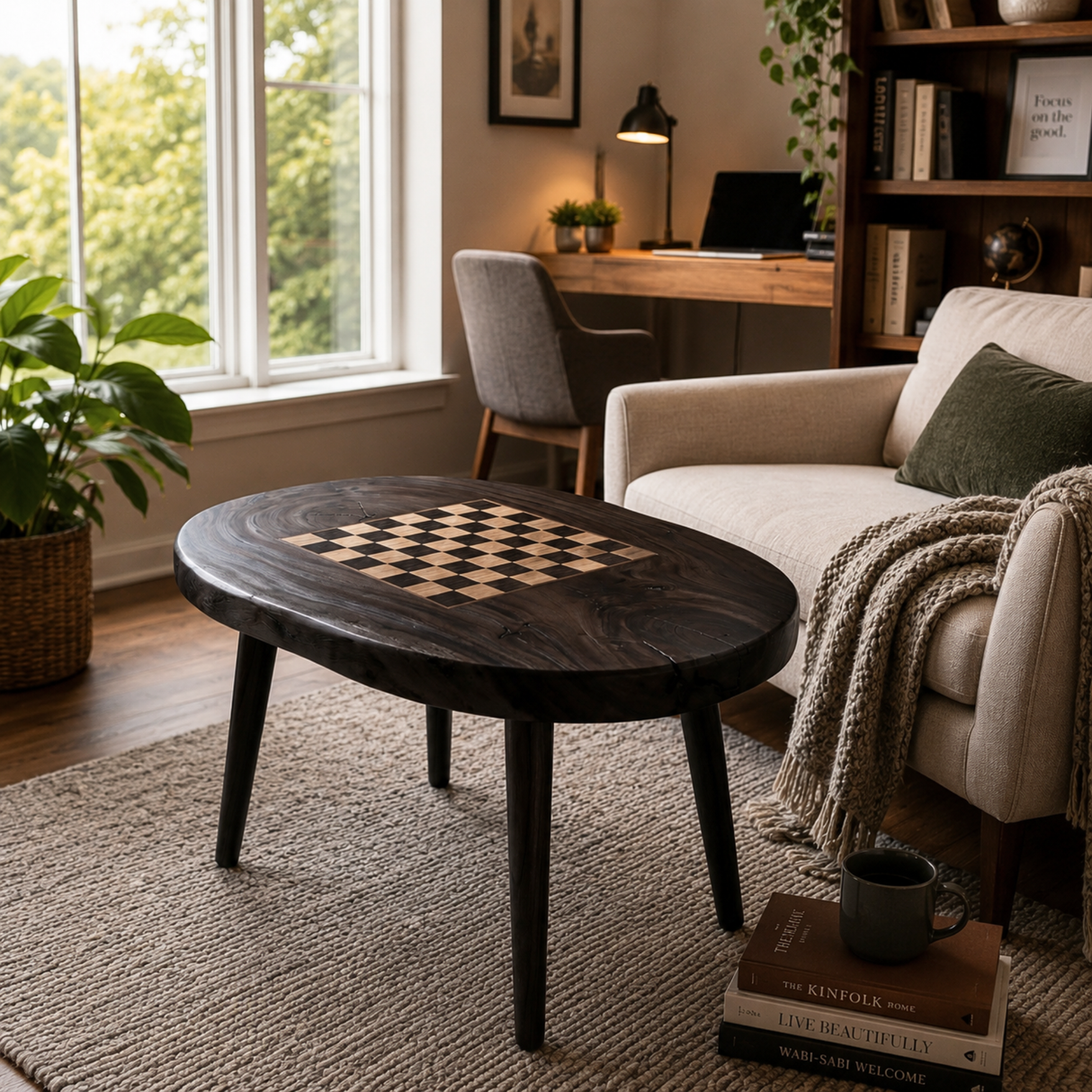 Handcrafted Solid Wood Chess Coffee Table with Freeform Top and Tapered Legs