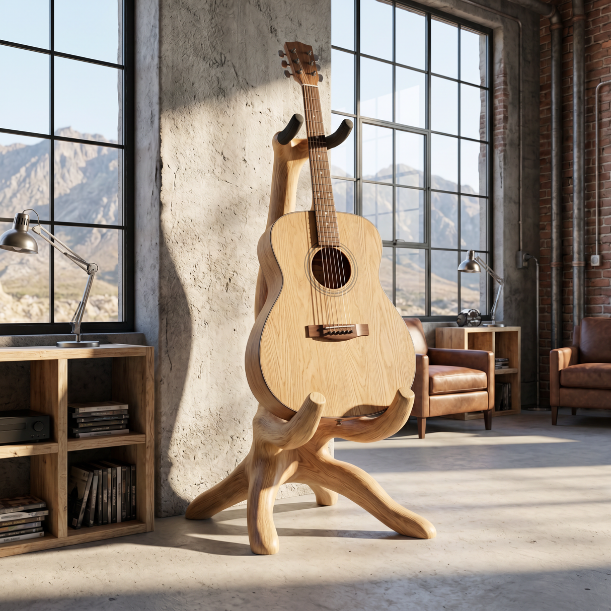 Sculptural Guitar Holder Handmade Wooden Instrument Stand