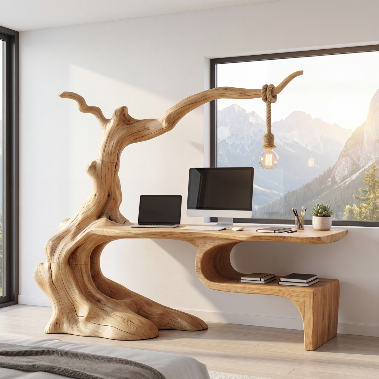 Solid Wood Organic Desk Sculptural Tree Inspired Workspace with Hanging Lamp Modern Writing Table
