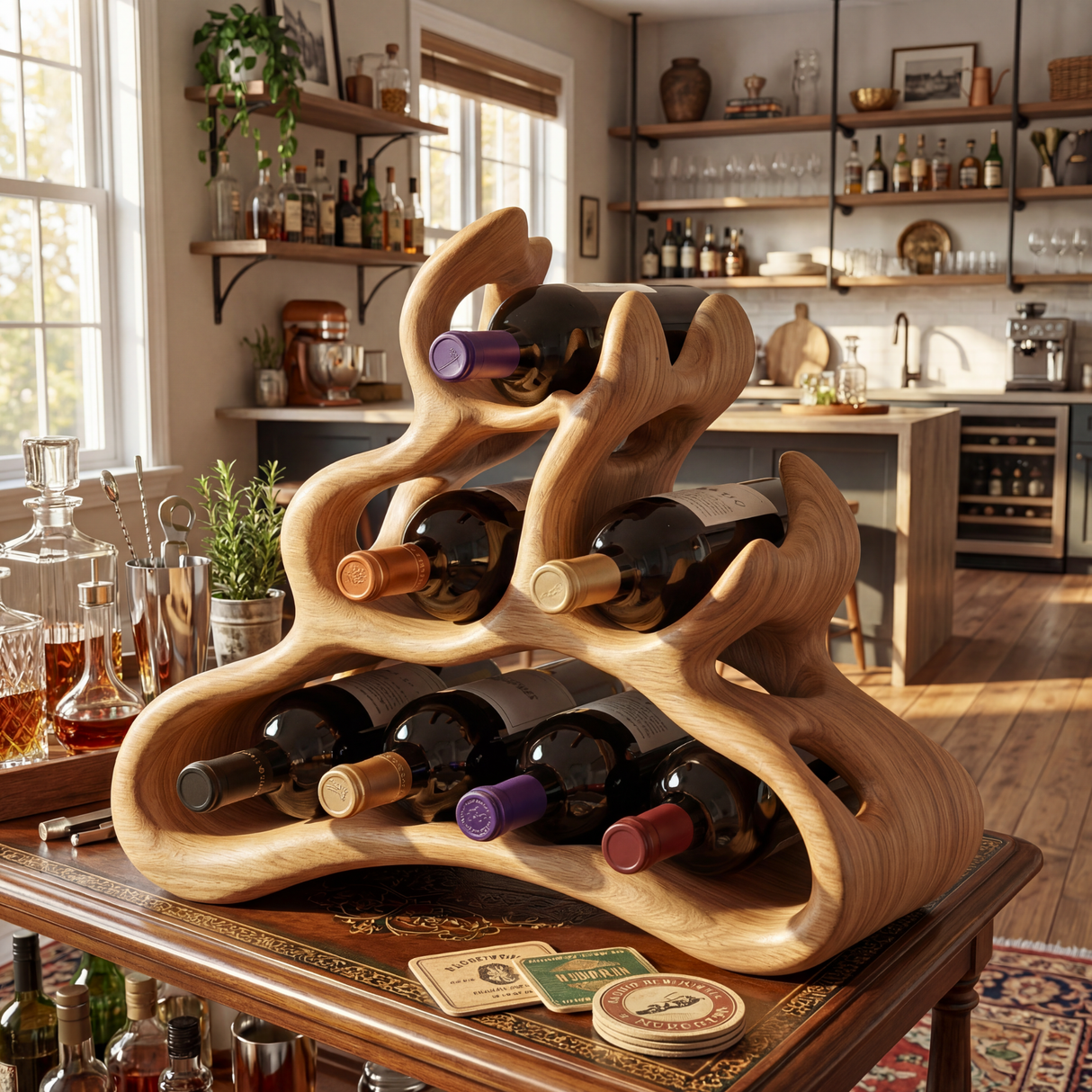 Organic Solid Wood Wine Rack Artistic Curved Bottle Holder Compact Countertop Display