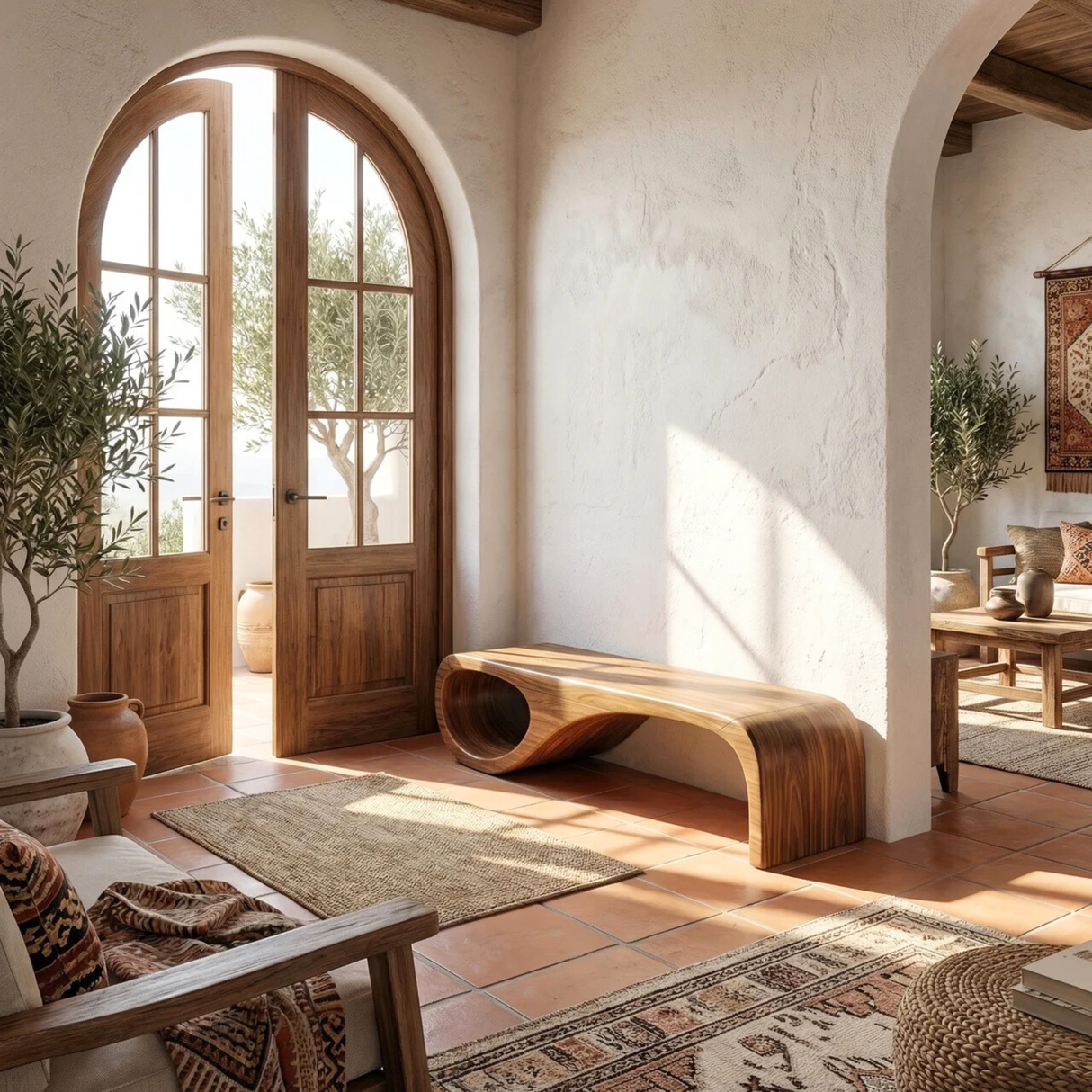 Organic Wood Bench with Sculptural Loop Base for Modern Mediterranean Interiors