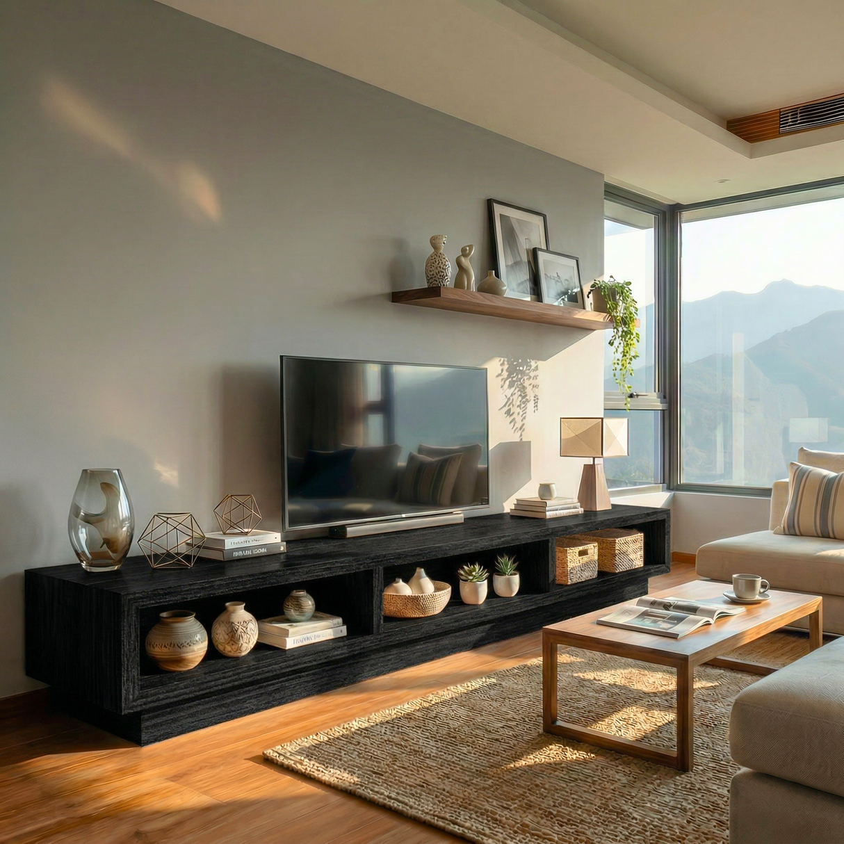 Solid Wood TV Cabinet with Open Display Shelves for Contemporary Living Rooms