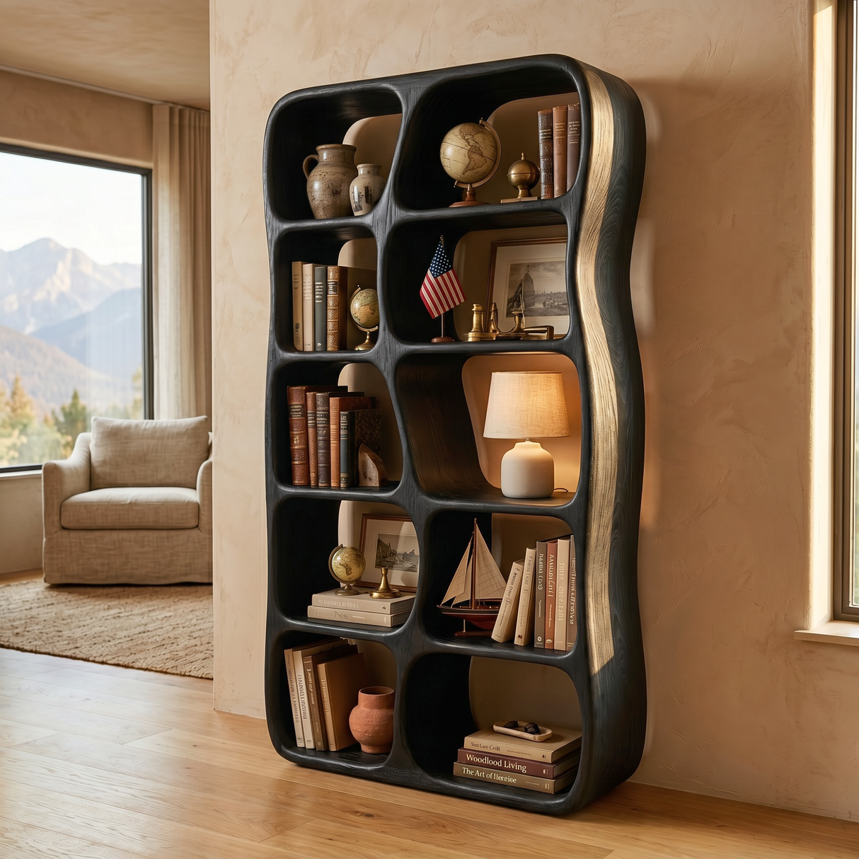 Sculptural Solid Wood Bookshelf with Organic Open Niches