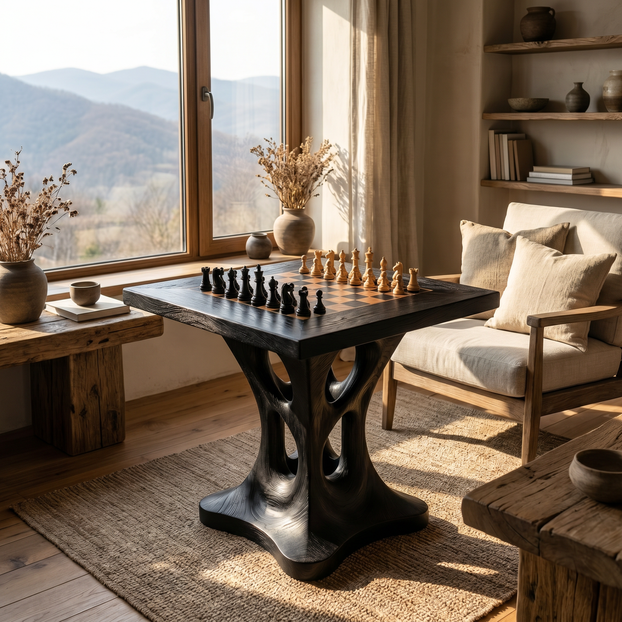 Handcrafted Solid Wood Chess Table with Sculptural Open Pedestal Base