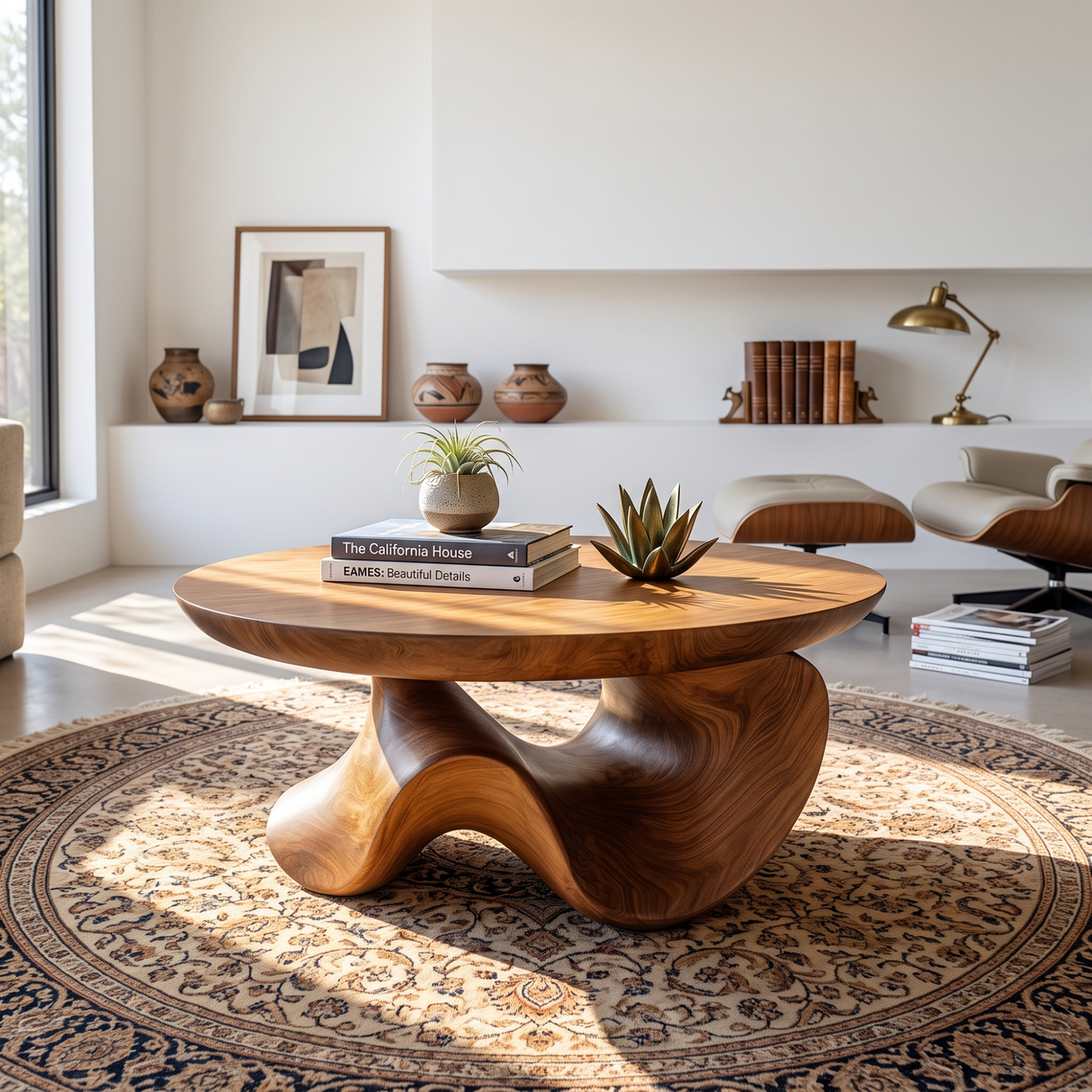 Coffee Table Solid Wood with Sculptural Organic Arch Base for Living Room