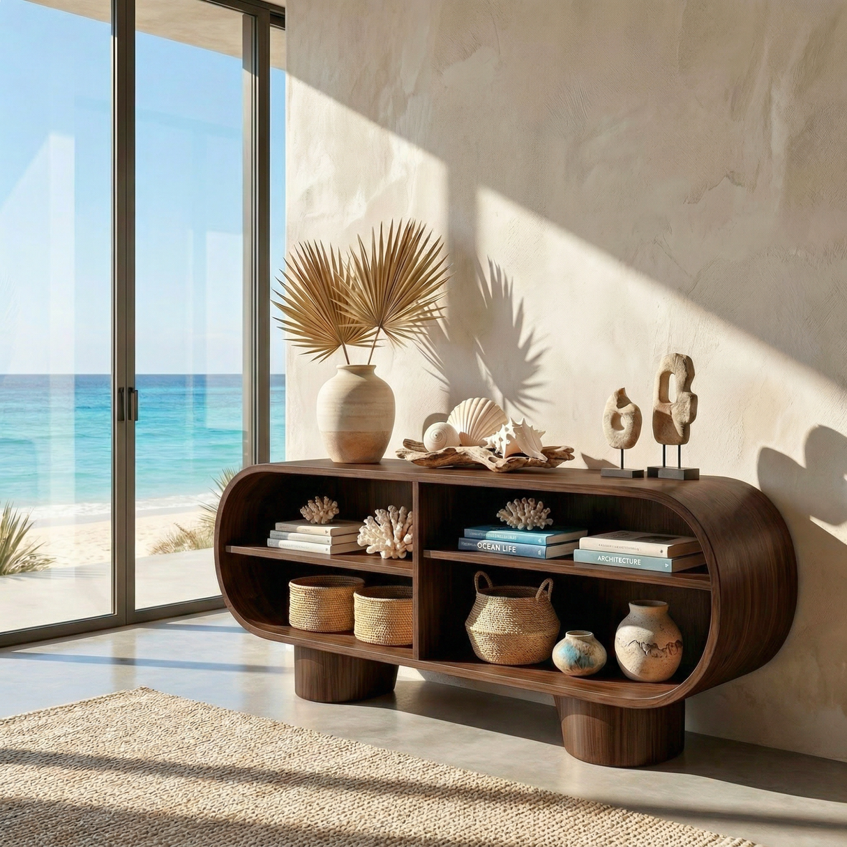 Rounded Solid Wood Sideboard with Open Shelving, Organic Modern Storage Console