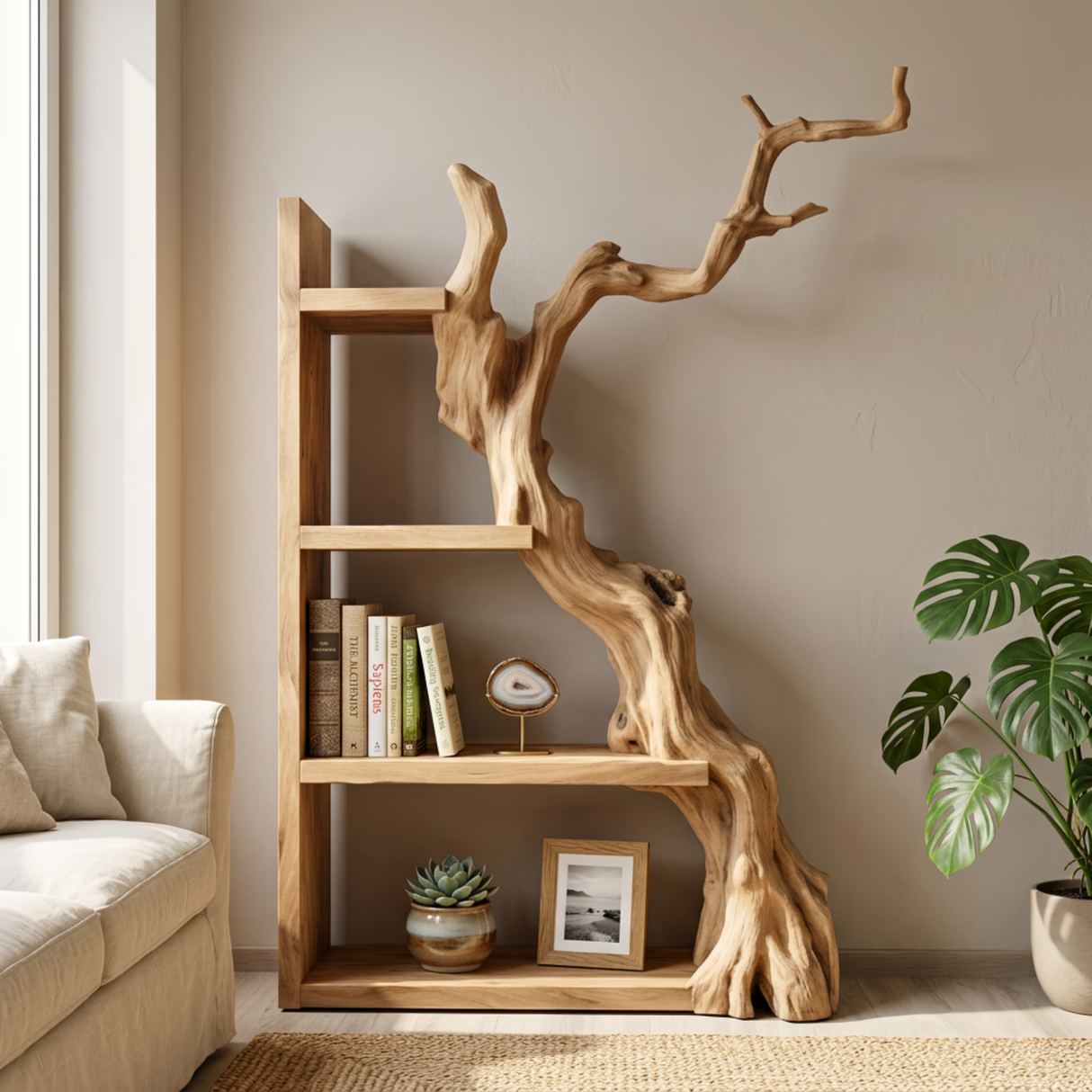 Vertical Solid Wood Bookshelf with Sculptural Tree Form Organic Modern Display Shelf