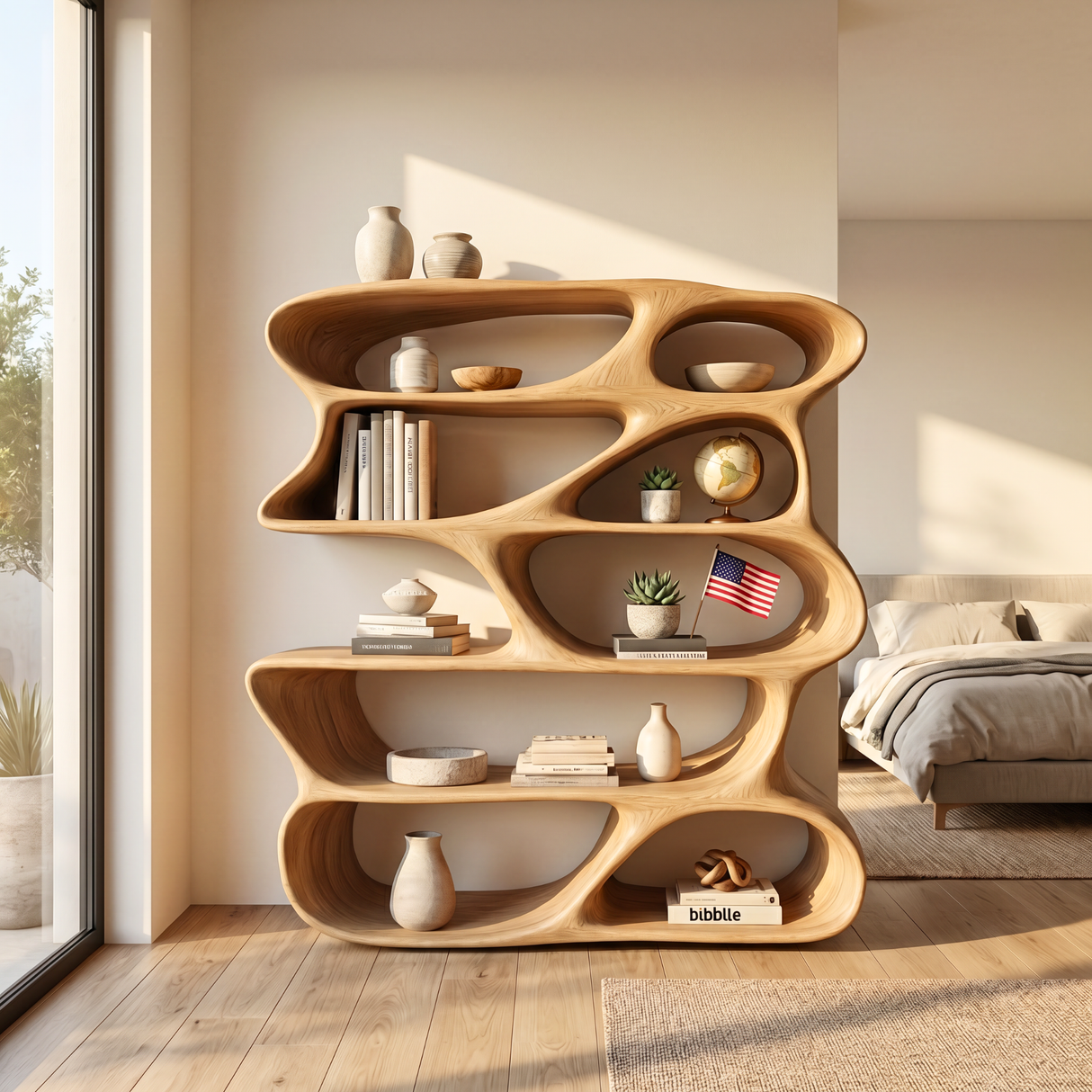 Organic Sculptural Bookshelf Handmade Modern Wooden Display Shelf Contemporary Storage Unit