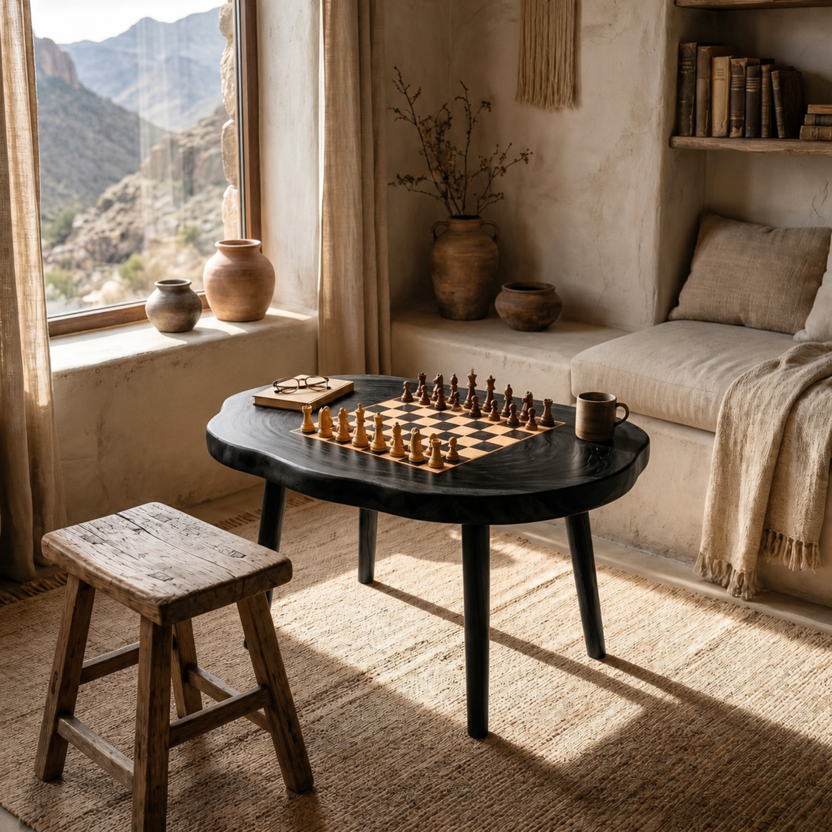 Handcrafted Solid Wood Oval Chess Coffee Table with Built In Board