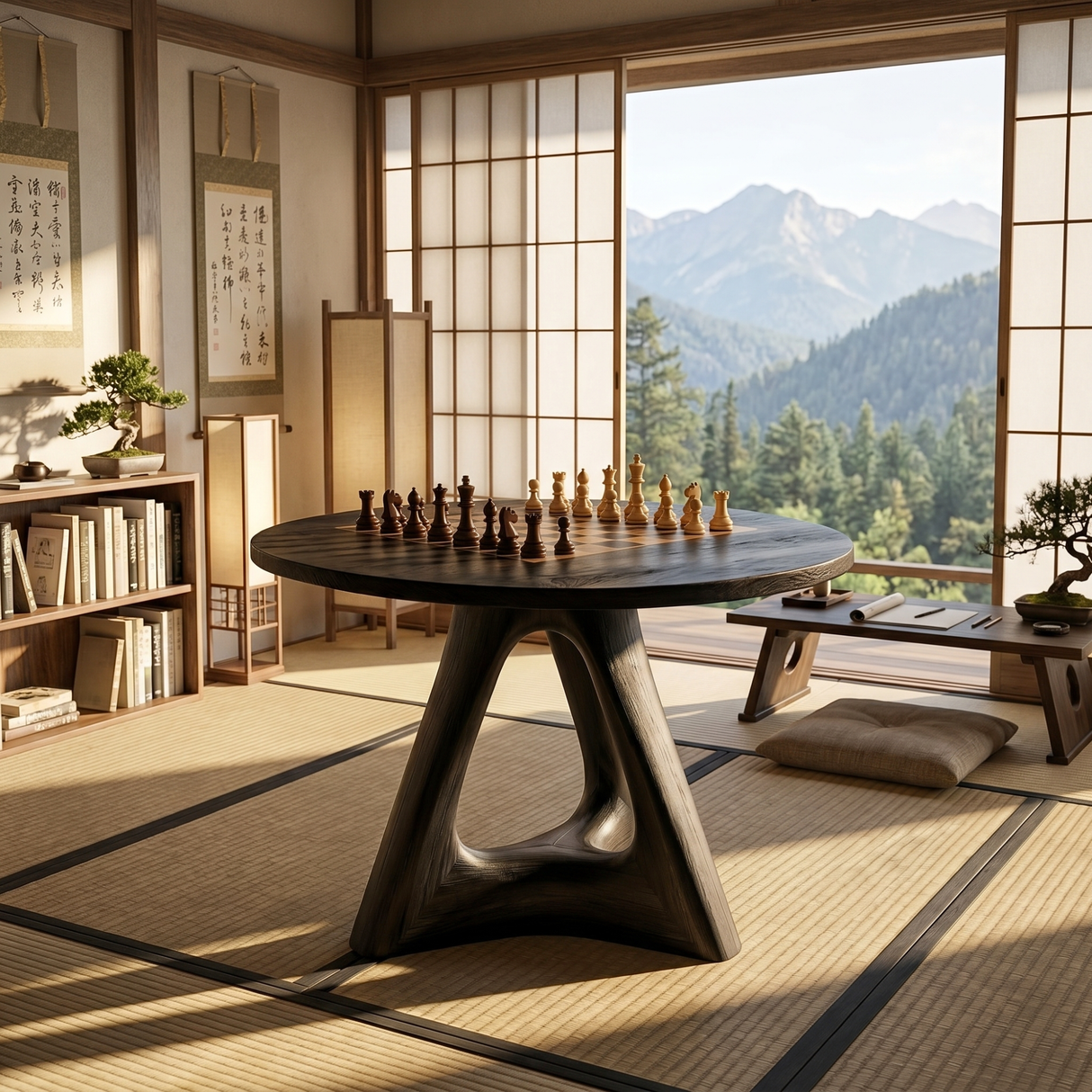 Handcrafted Round Solid Wood Chess Table with Organic Sculptural Base