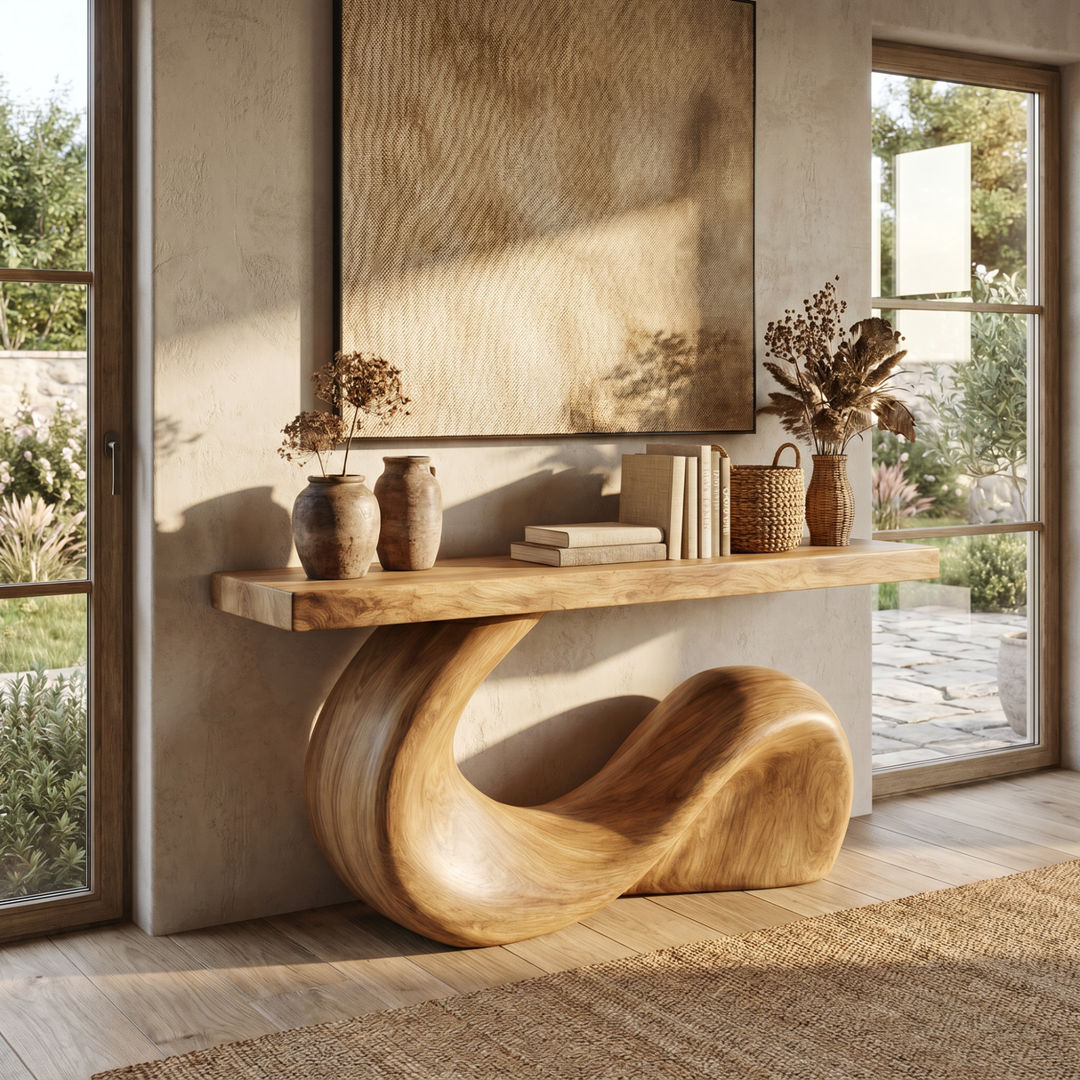 Console Table Solid Wood with Sculptural Wave Base for Entryway Decor