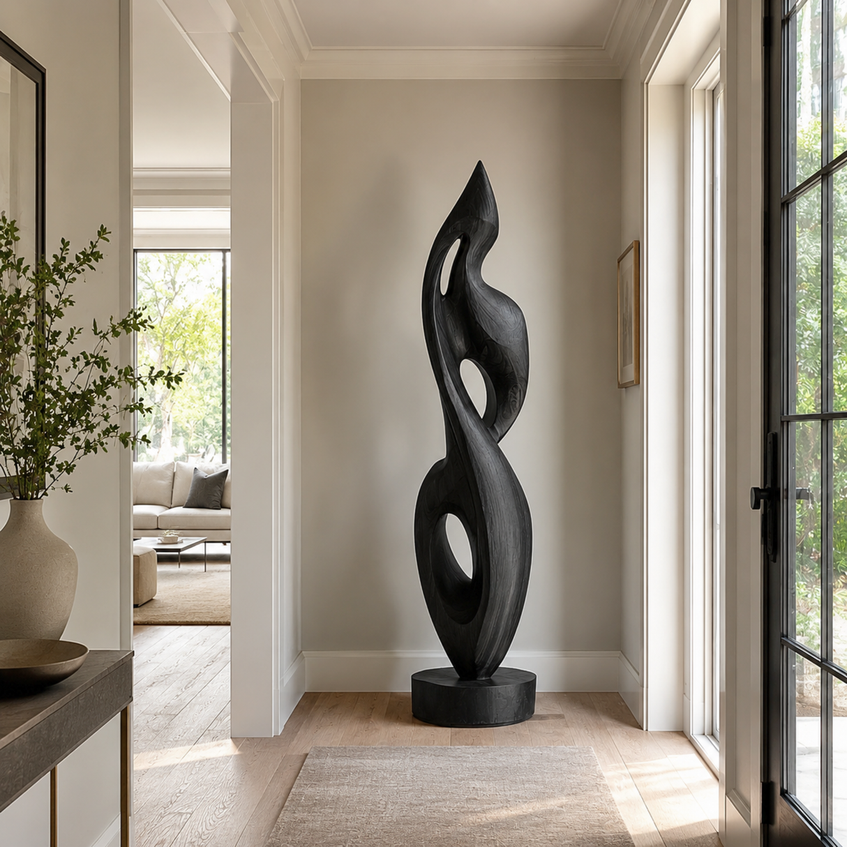 Handcrafted Solid Wood Abstract Floor Sculpture with Flowing Open Form