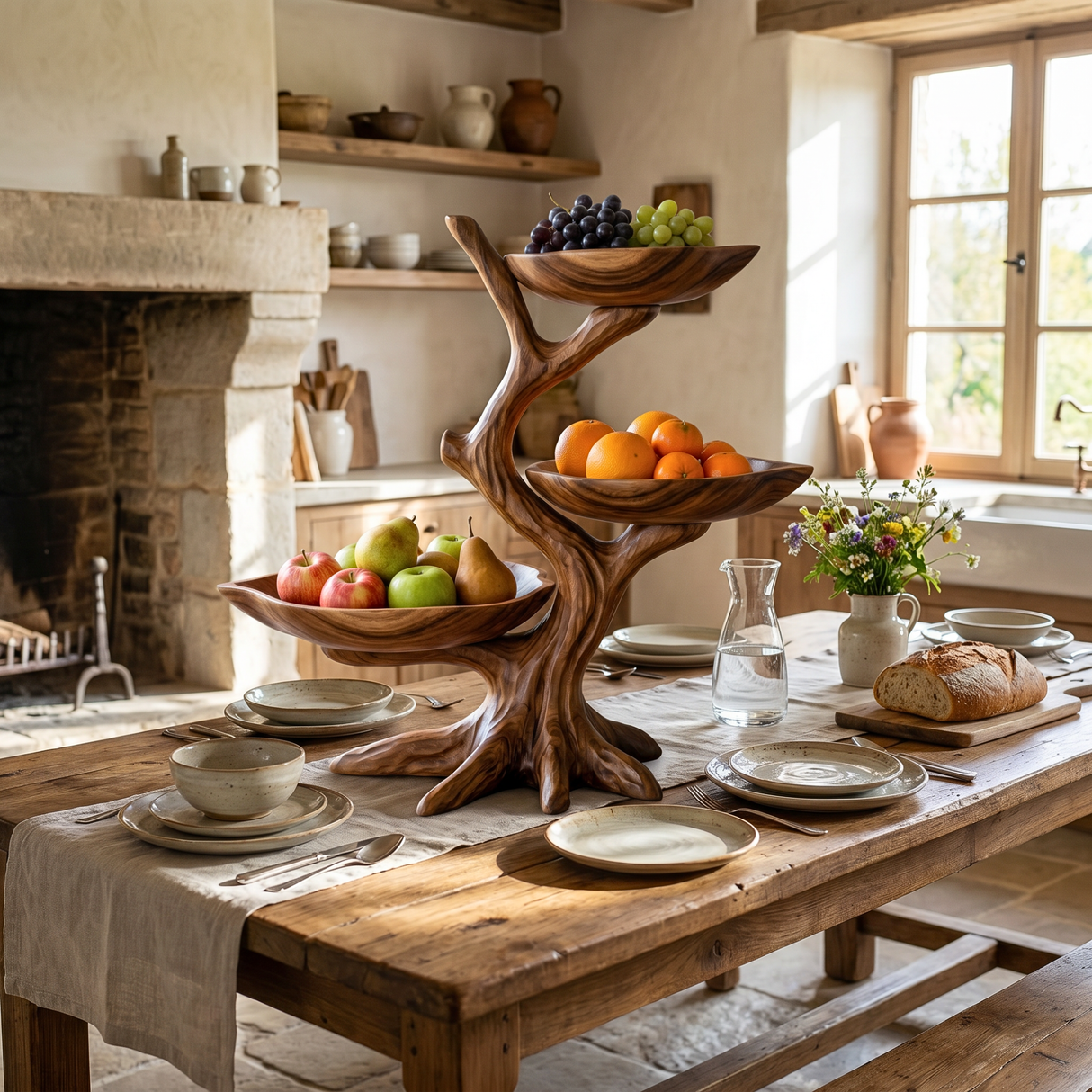 Solid Wood Three Tier Fruit Bowl Stand with Sculptural Branch Design