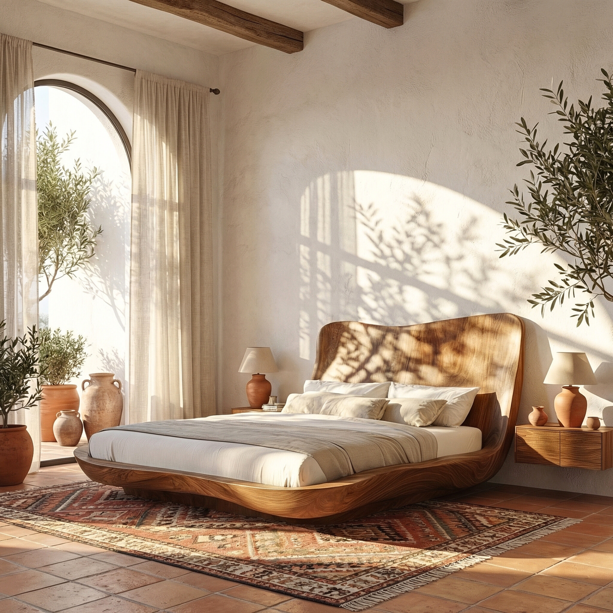 Wraparound Solid Wood Platform Bed with Sculpted Headboard