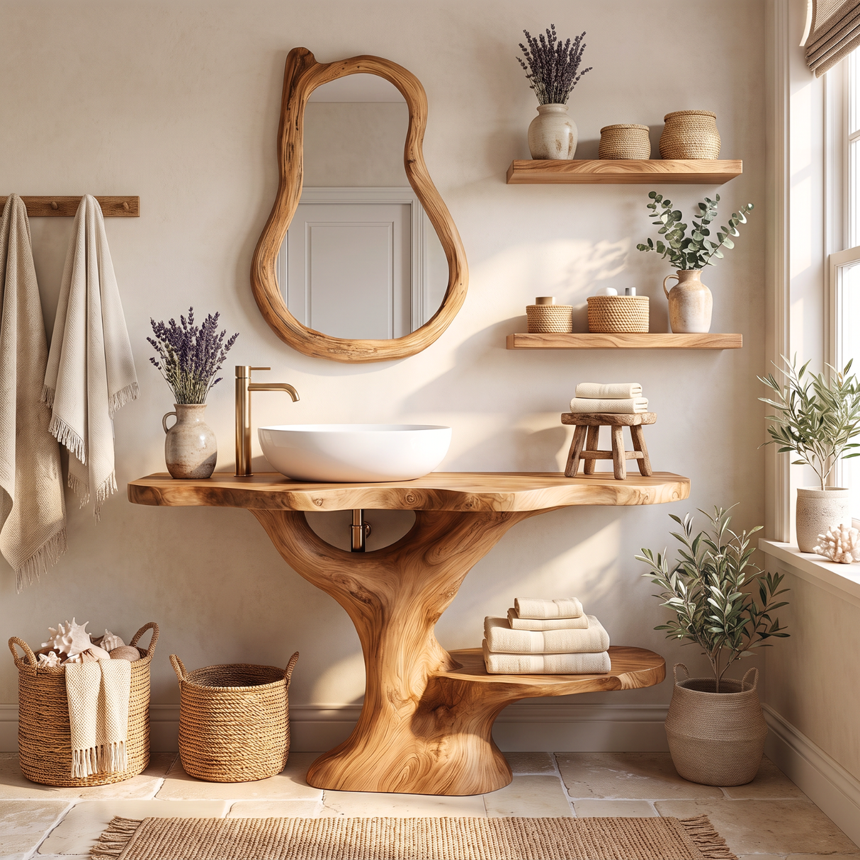 Bathroom Vanity Solid Wood with Tree Form Pedestal and Towel Shelf