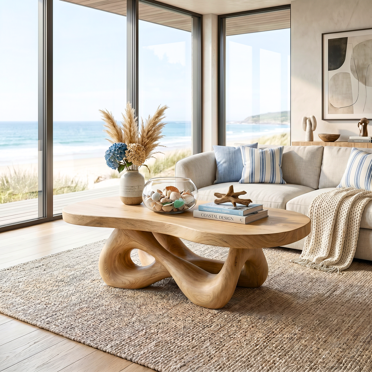 Handcrafted Solid Wood Coffee Table with Organic Sculptural Base and Rounded Live Edge Top