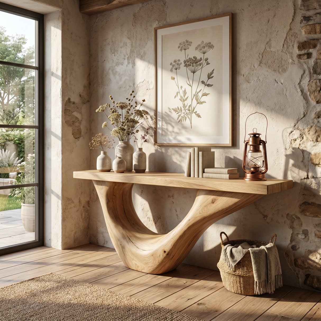 Console Table Solid Wood with Sweeping Open Crescent Base