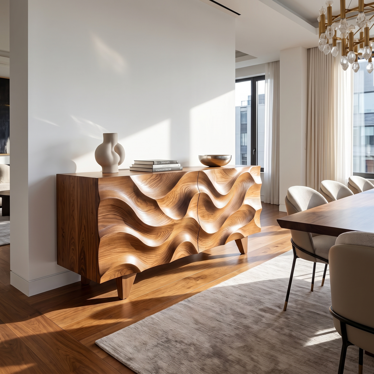 Sideboard Solid Wood with Sculptural Wave Carved Doors for Living Room Decor