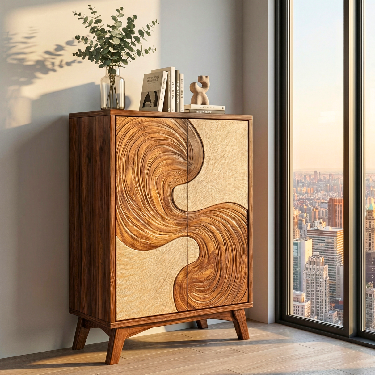 Solid Wood Sideboard with Flowing Wave Sculptural Doors for Modern Interiors