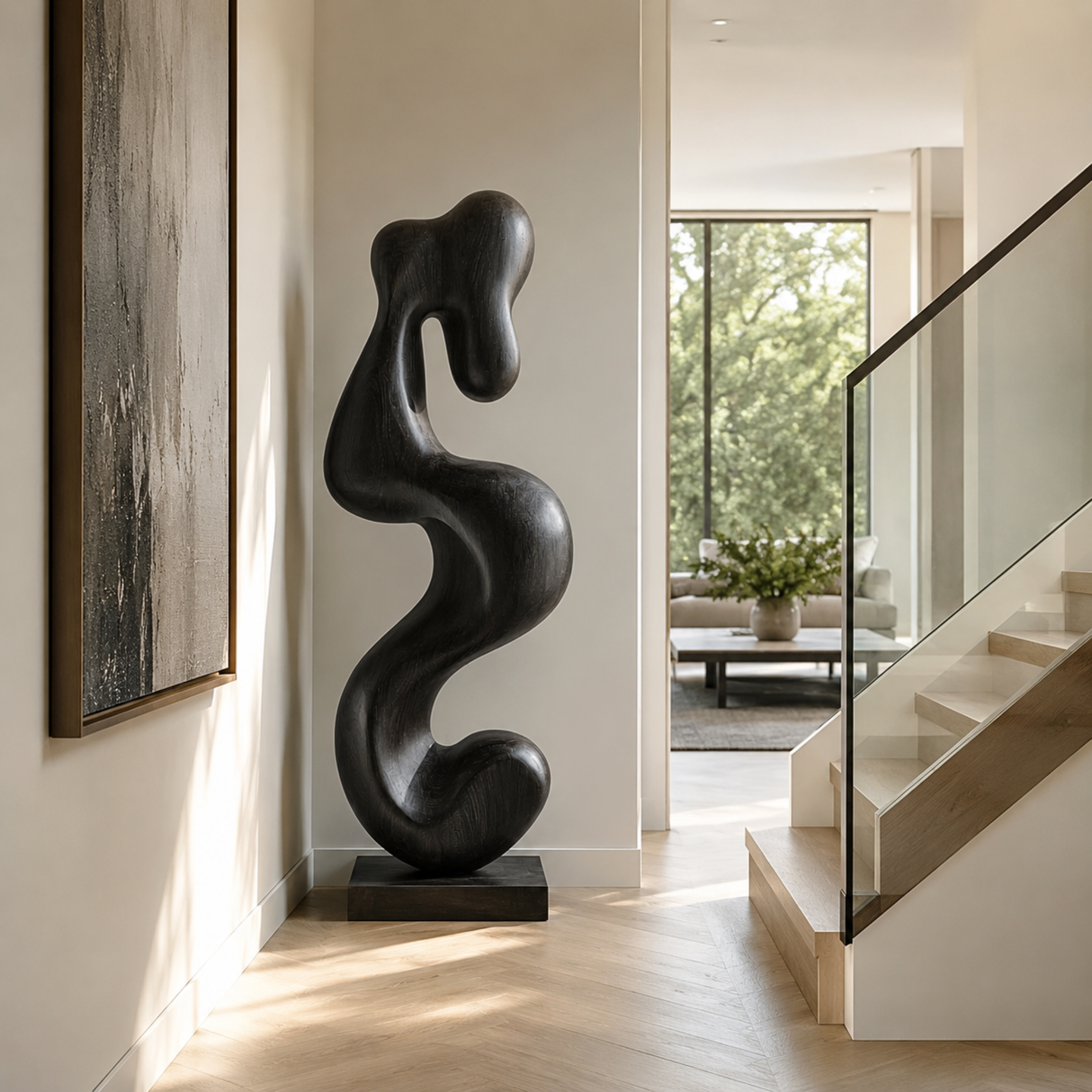 Handcrafted Solid Wood Serpentine Abstract Floor Sculpture