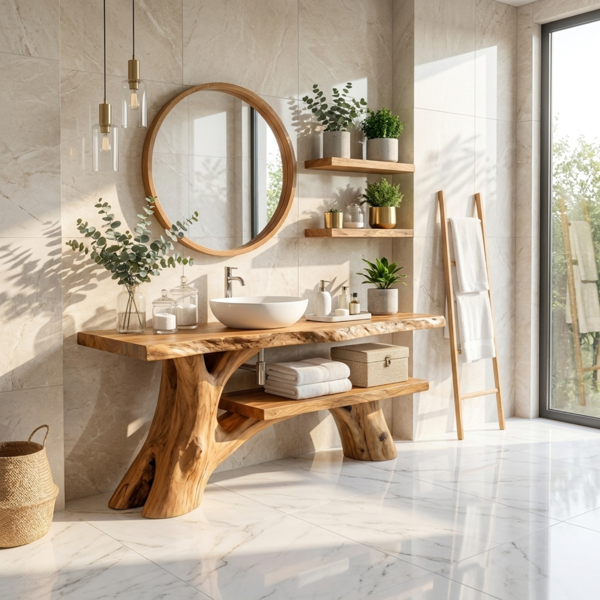 Bathroom Vanity Solid Wood with Organic Branch Legs and Open Shelf
