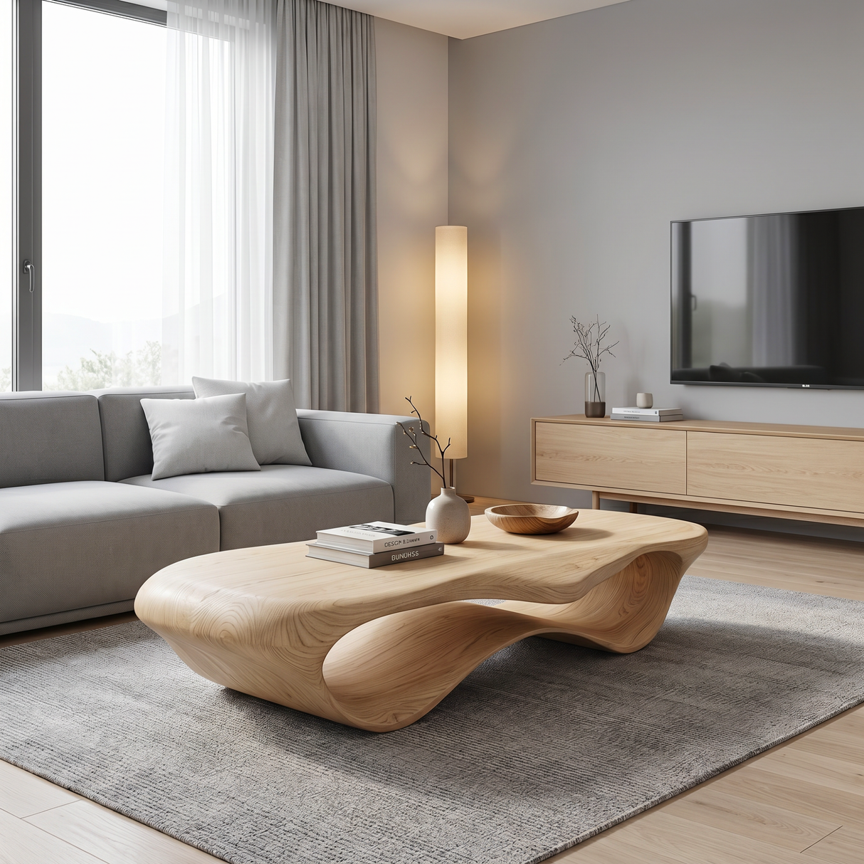 Handcrafted Organic Solid Wood Coffee Table with Continuous Hollow Wave Base