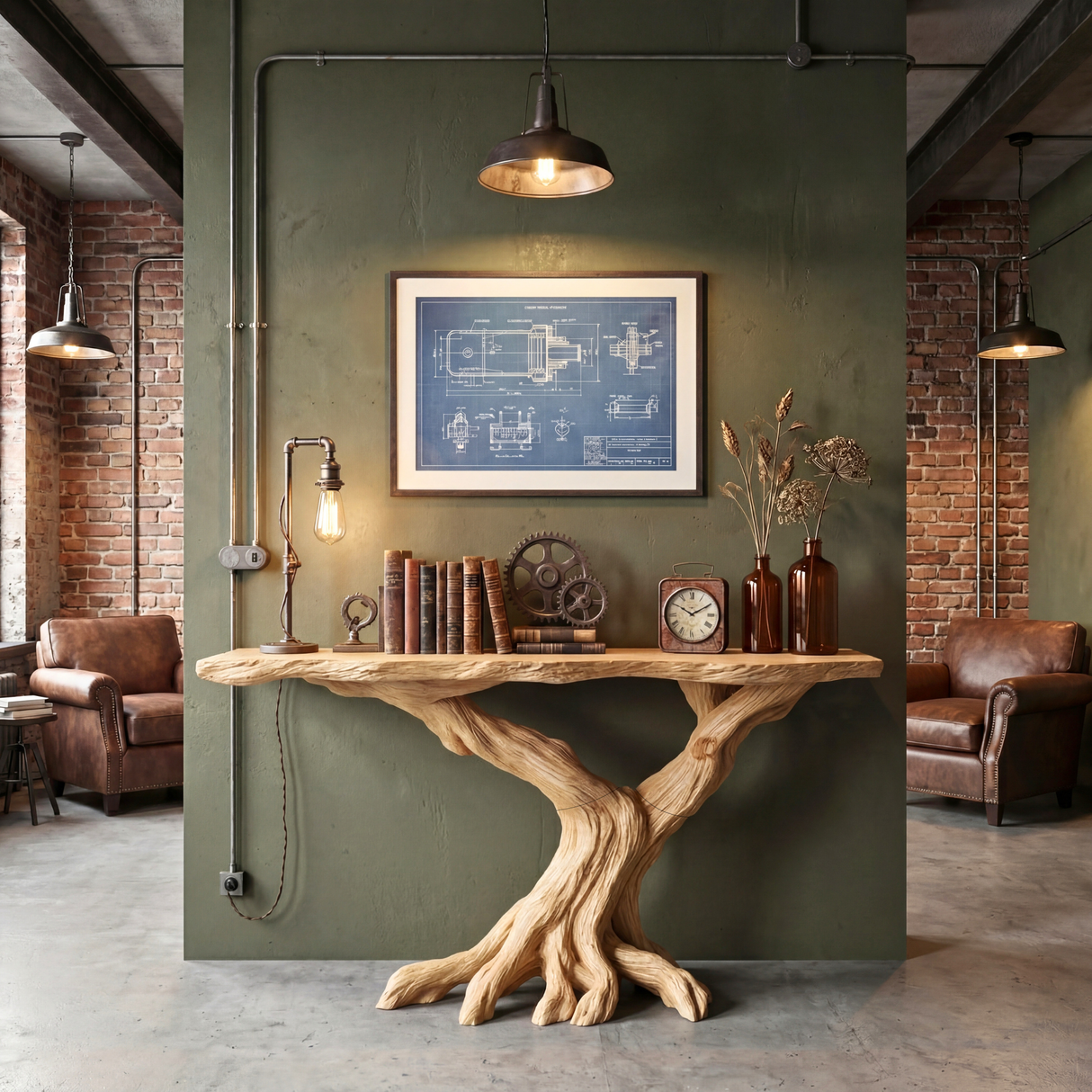 Sculptural Black Wood Console Table with Twisted Root Base