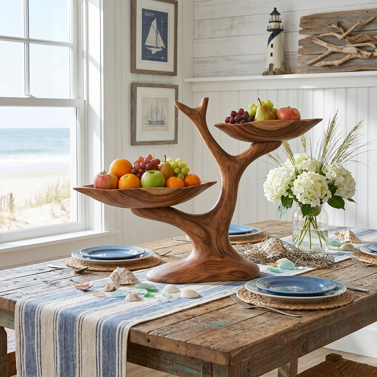 Handcrafted Two-Tier Solid Wood Fruit Bowl with Sculptural Tree Branch Stand