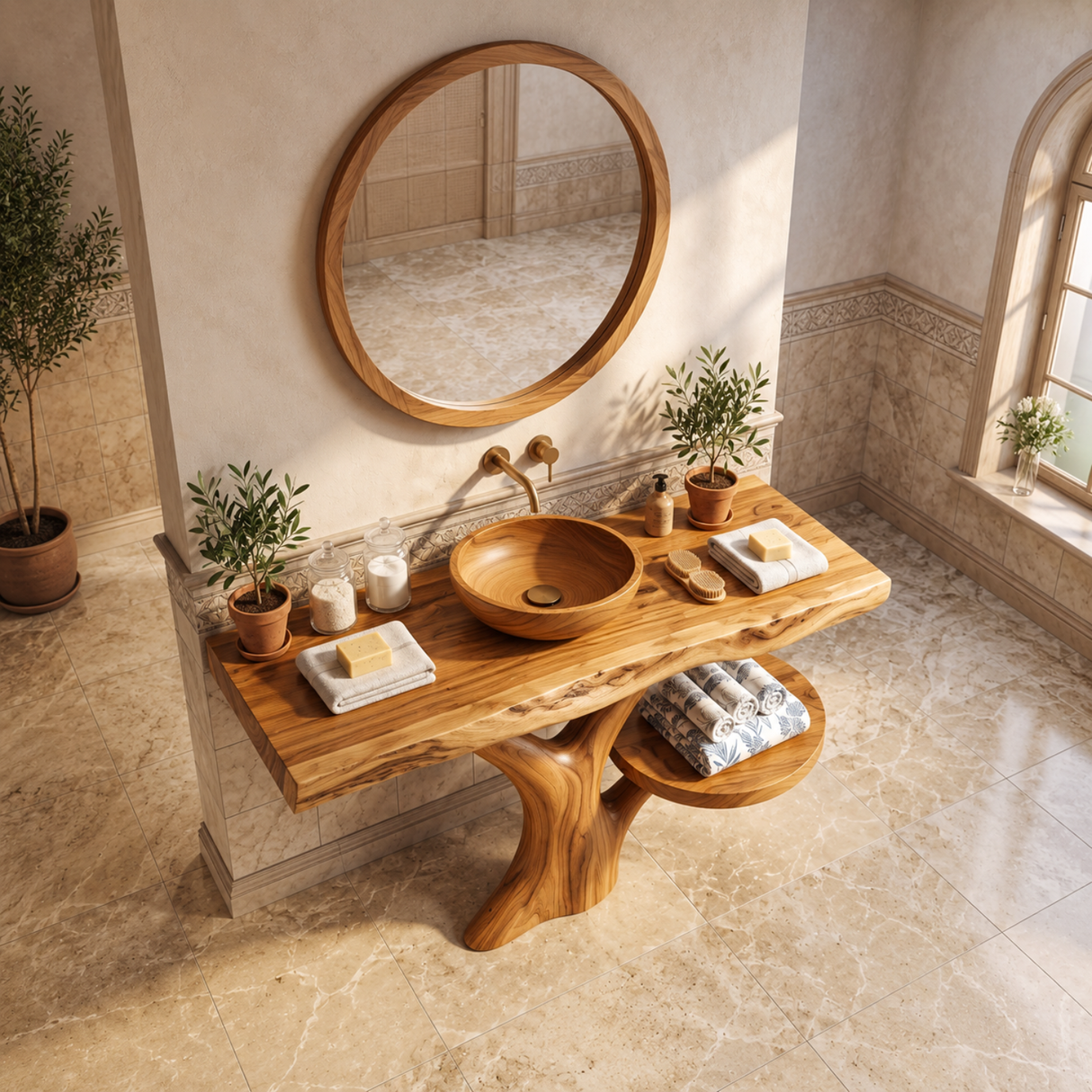 Bathroom Vanity Solid Wood with Tree Inspired Pedestal and Side Shelf for Spa Bathroom
