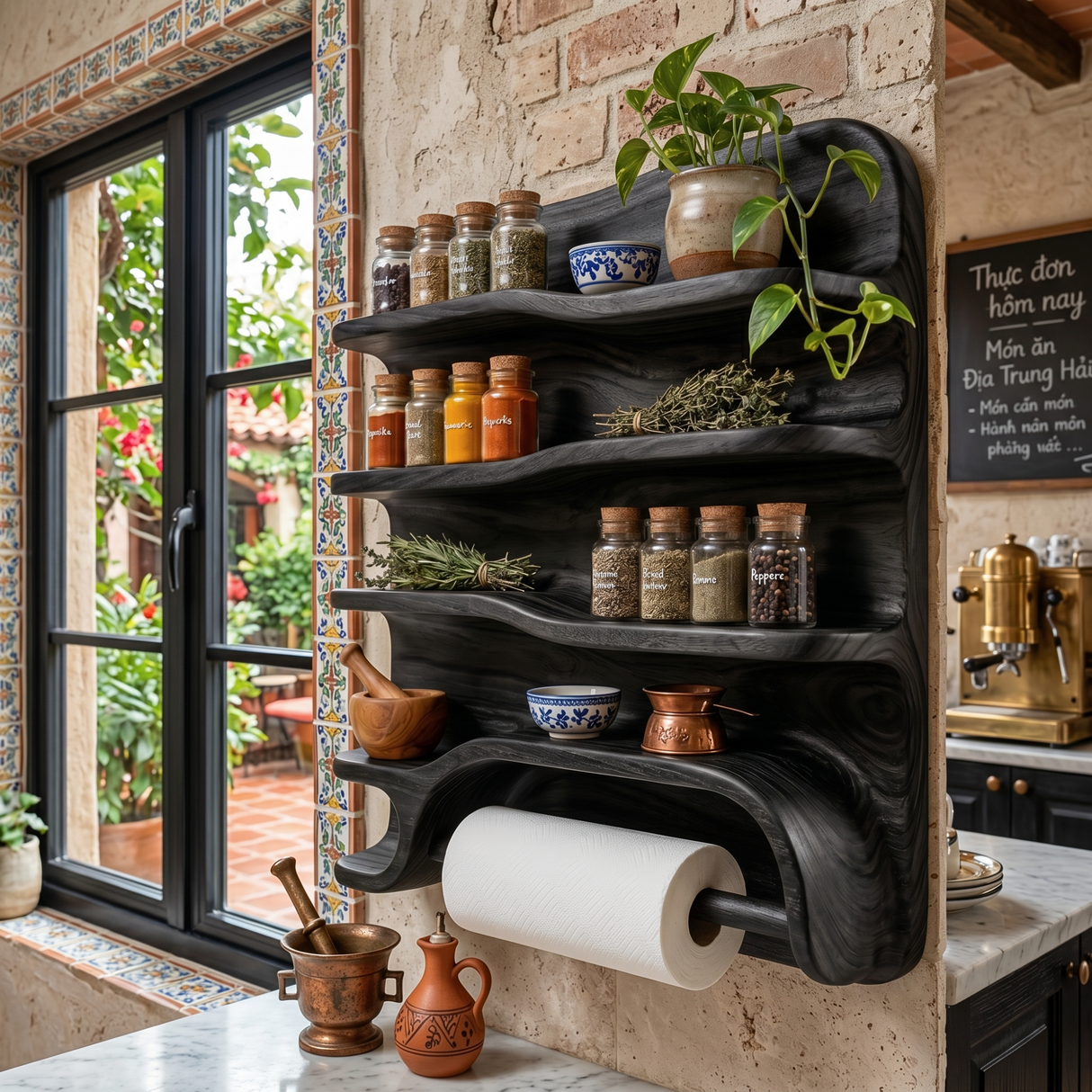 Handcrafted Solid Wood Spice Rack Shelf with Organic Edges and Paper Towel Holder