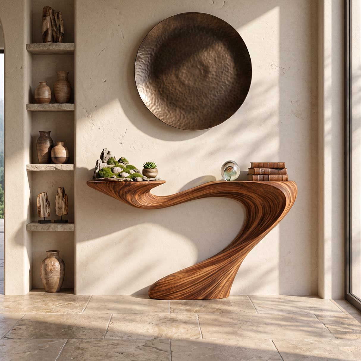 Solid Wood Console Table with Sculptural Sweeping Curve Base for Entryway Decor