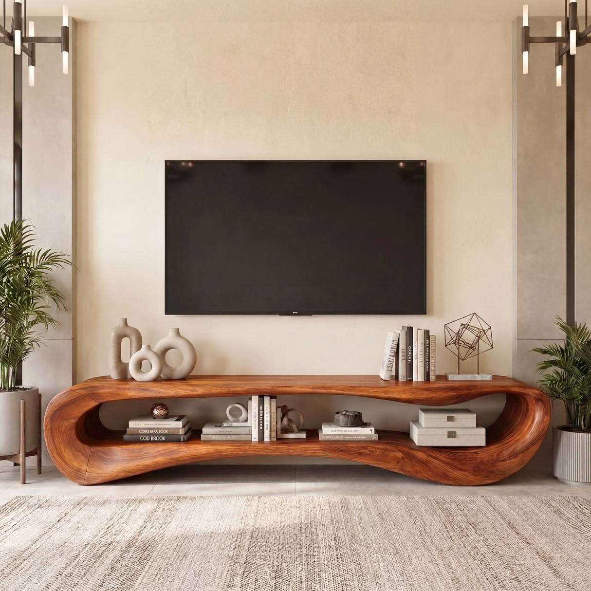 Sculptural Solid Wood TV Cabinet, Organic Modern Media Console for Living Room