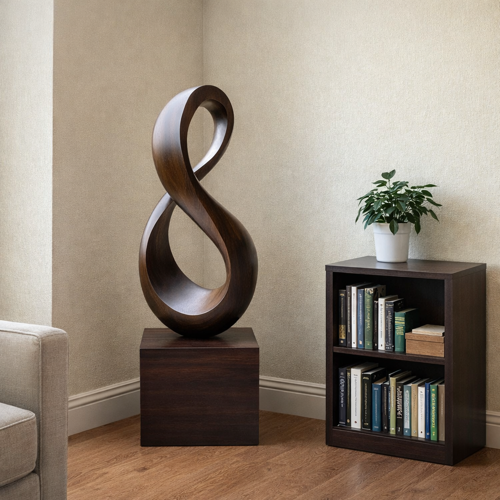 Tall Solid Wood Infinity Loop Sculpture with Plinth for Modern Spaces