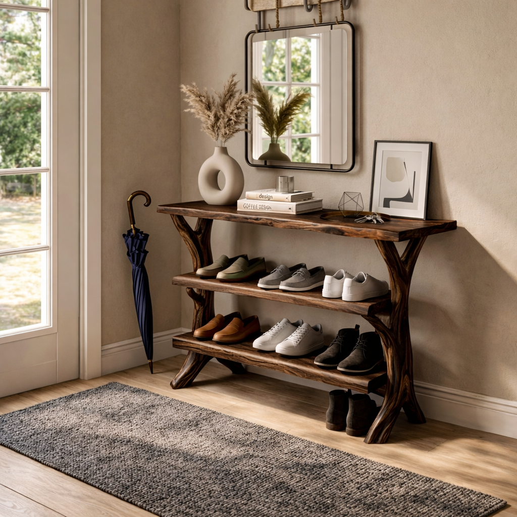 Handcrafted Solid Wood Shoe Rack Console with Open Shelving and Sculptural Branch Legs