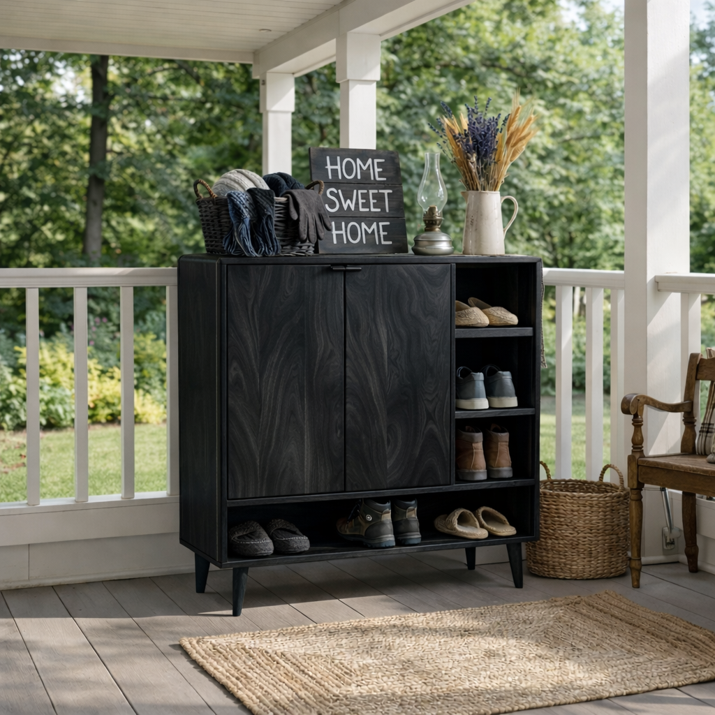 Handcrafted Solid Wood Shoe Cabinet with Double Doors and Open Side Shelf for Entryway and Hallway