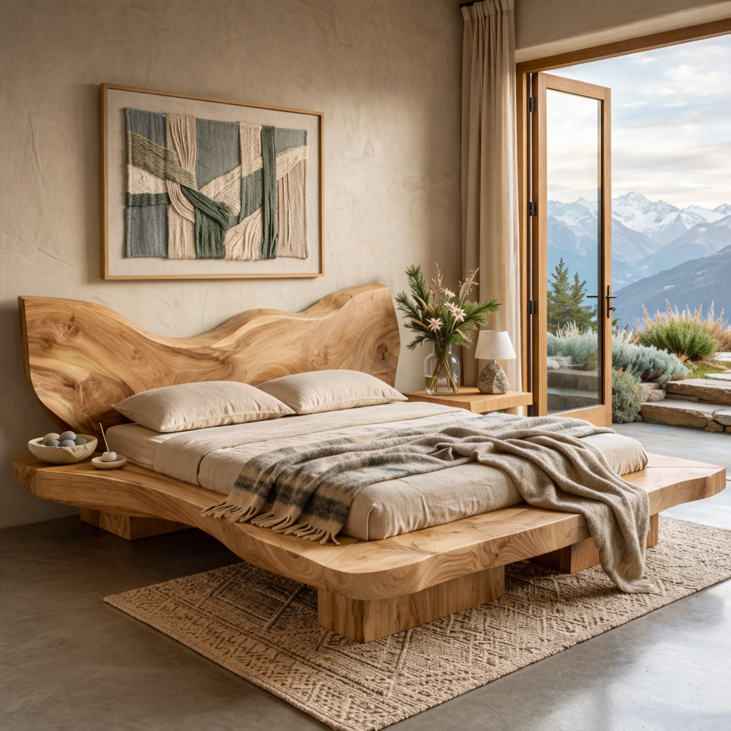 Organic Solid Wood Platform Bed with Flowing Natural Contour Headboard