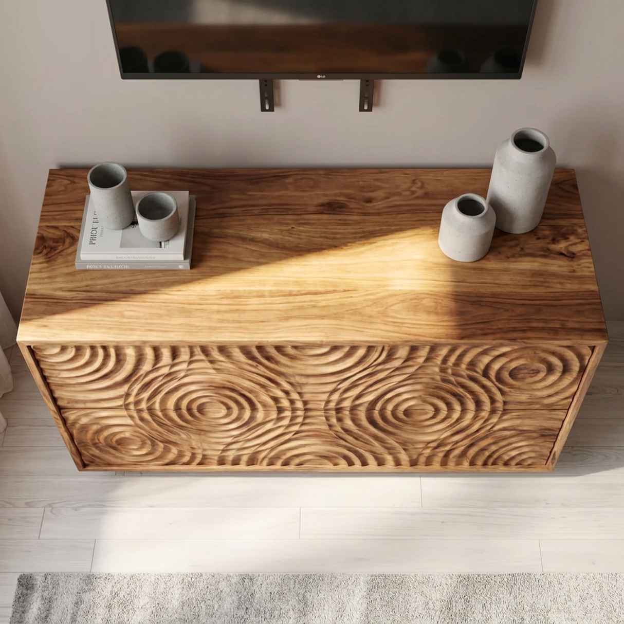 Solid Wood TV Console with Concentric Ripple Carved Doors