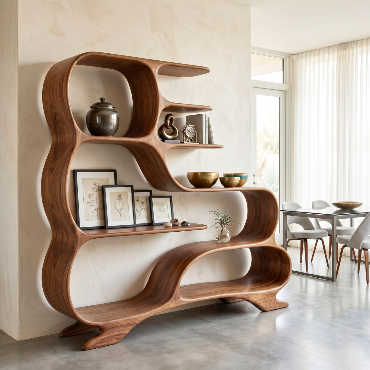 Organic Solid Wood Bookshelf with Flowing S-Shaped Shelves
