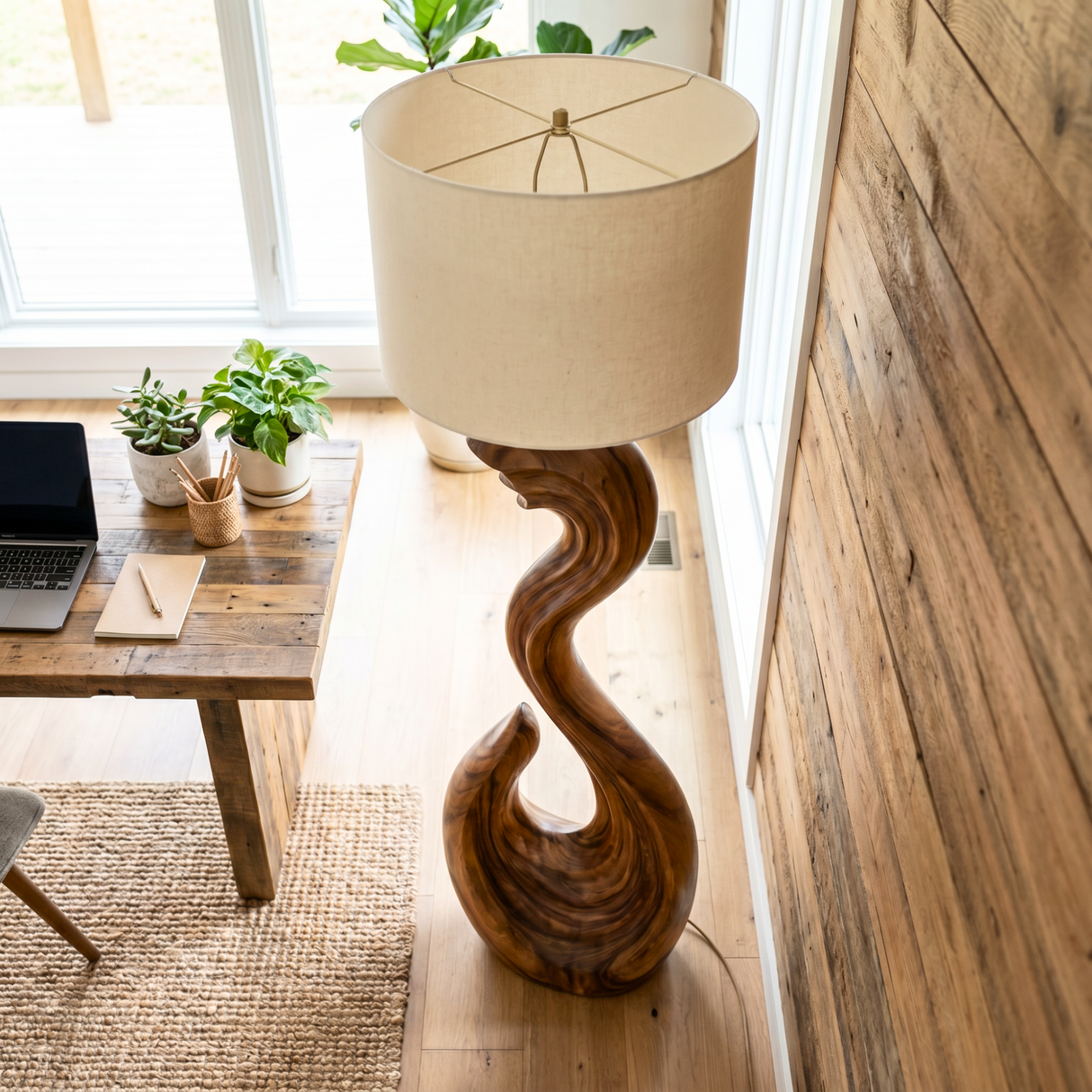 Sculptural Wood Floor Lamp with Wave-Inspired Carved Base