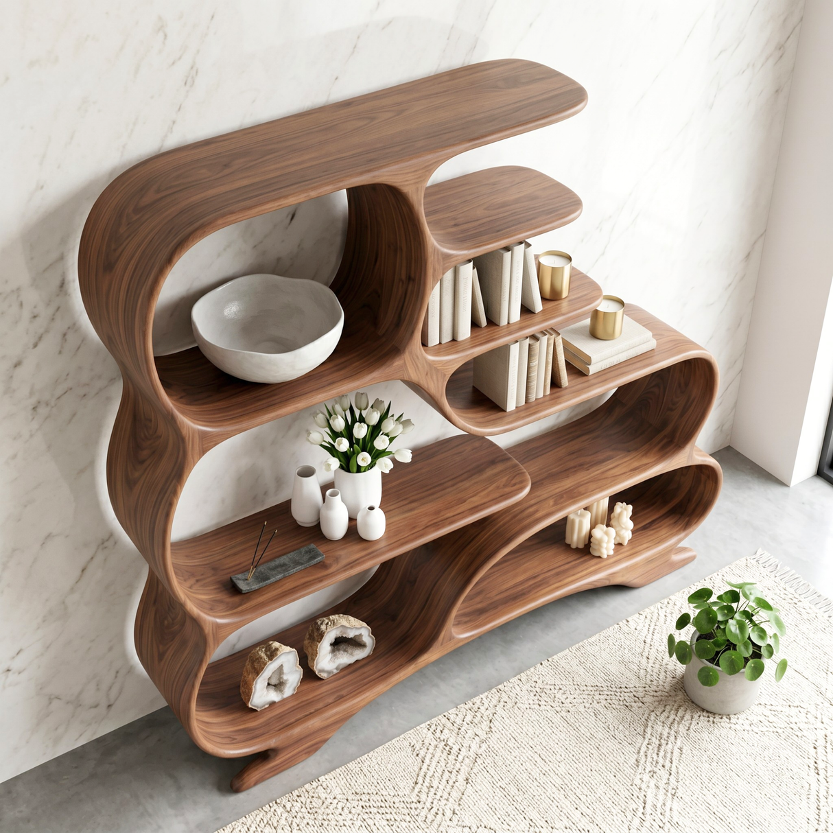 Organic Solid Wood Bookshelf with Flowing S-Shaped Shelves