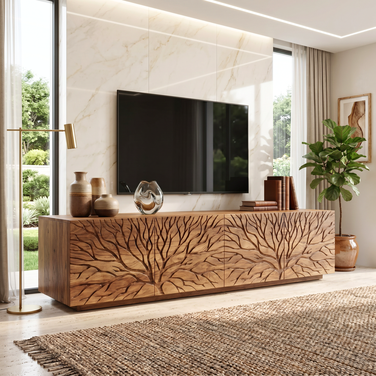 Solid Wood TV Console with Branch Carved Door Fronts