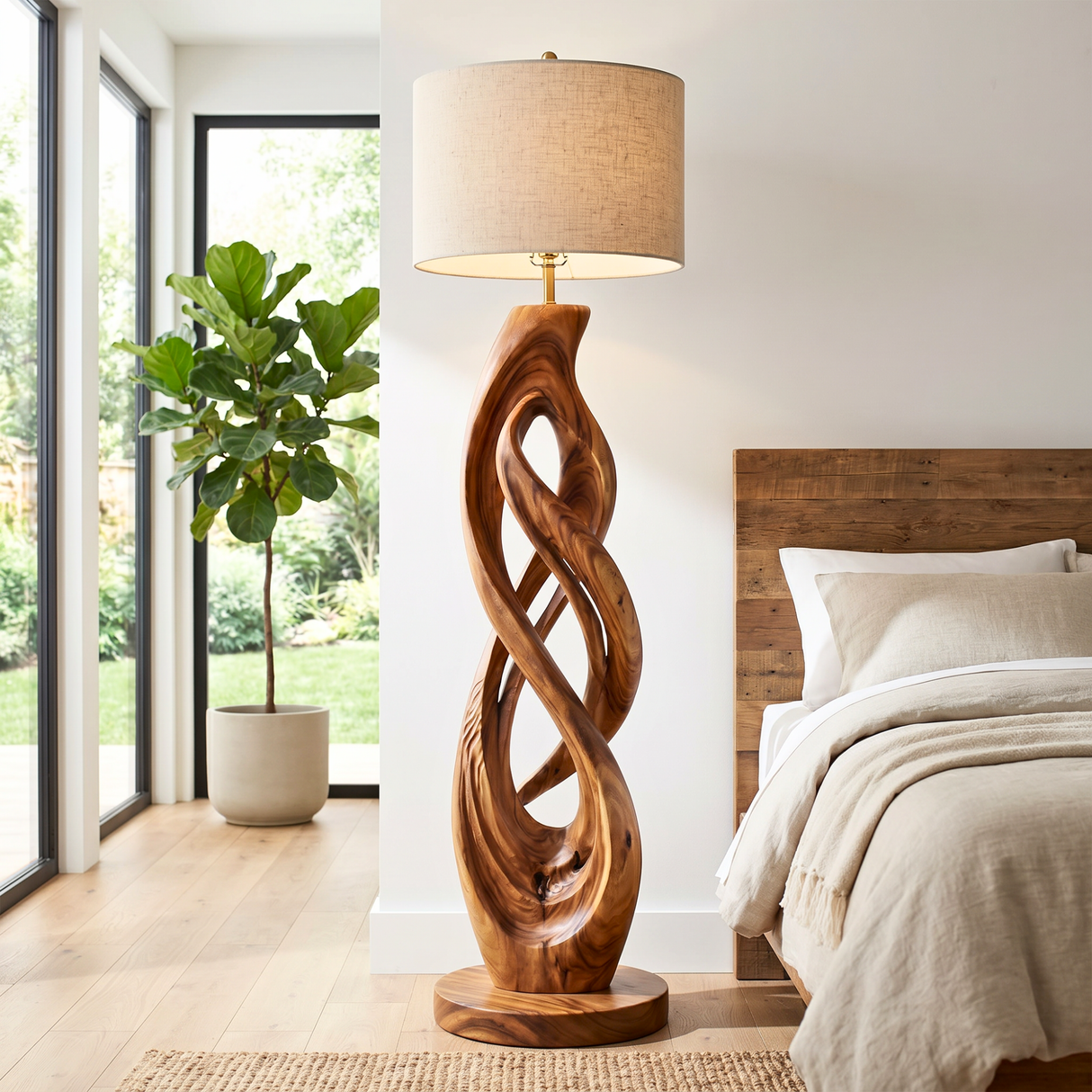 Handcrafted Wood Floor Lamp with Interlaced Ribbon Base