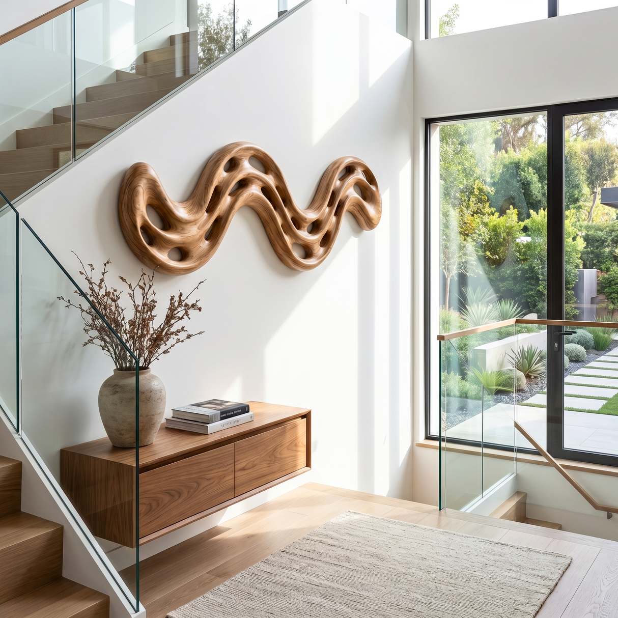 Serpentine Flow Wood Wall Sculpture with Organic Cutouts
