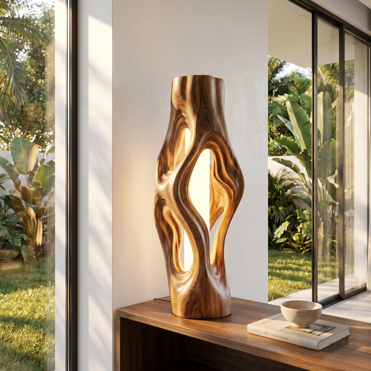 Organic Column Wood Table Lamp with Flowing Cutouts