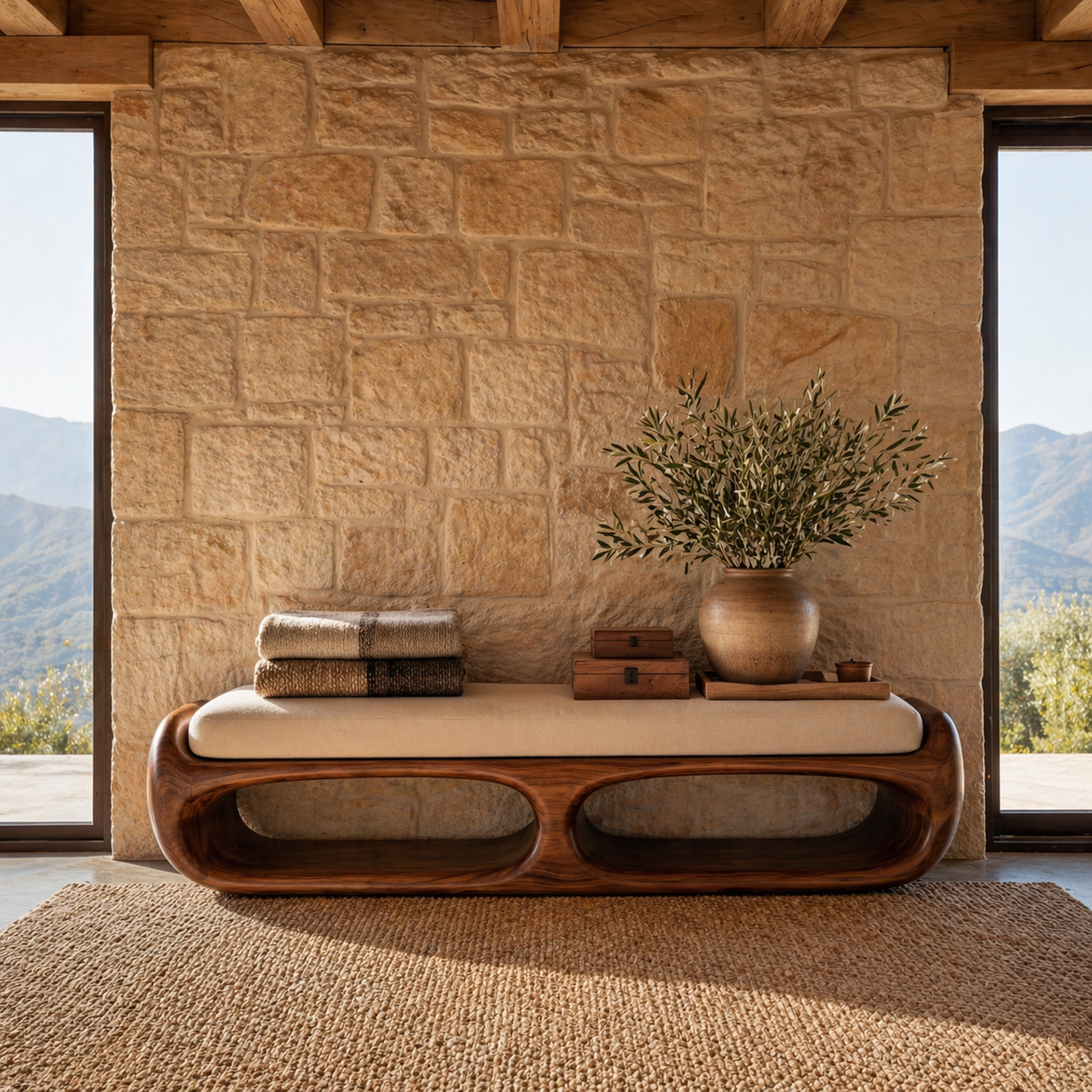 Organic Solid Wood Bench with Sculptural Open Base for Bedroom