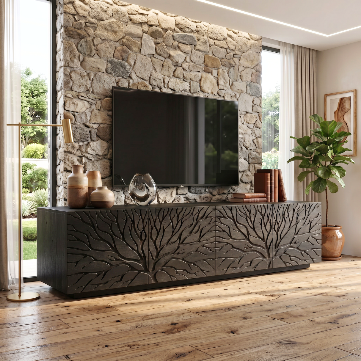 Solid Wood TV Console with Branch Carved Door Fronts
